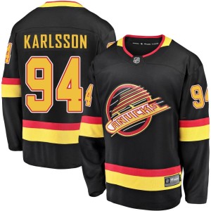 Vancouver Canucks Linus Karlsson Official Black Fanatics Branded Premier Youth Breakaway 2019/20 Flying Skate NHL Hockey Jersey