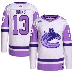 Vancouver Canucks Arshdeep Bains Official White/Purple Adidas Authentic Youth Hockey Fights Cancer Primegreen NHL Hockey Jersey