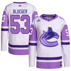 Vancouver Canucks Teddy Blueger Official White/Purple Adidas Authentic Youth Hockey Fights Cancer Primegreen NHL Hockey Jersey