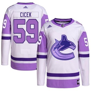 Vancouver Canucks Nick Cicek Official White/Purple Adidas Authentic Youth Hockey Fights Cancer Primegreen NHL Hockey Jersey