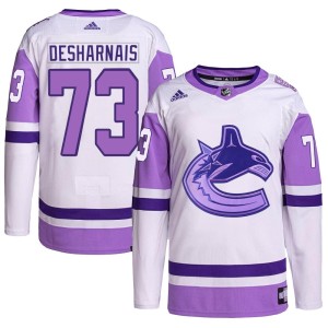 Vancouver Canucks Vincent Desharnais Official White/Purple Adidas Authentic Youth Hockey Fights Cancer Primegreen NHL Hockey Jersey