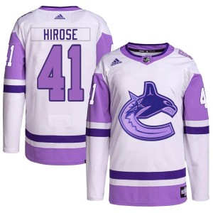 Vancouver Canucks Akito Hirose Official White/Purple Adidas Authentic Youth Hockey Fights Cancer Primegreen NHL Hockey Jersey