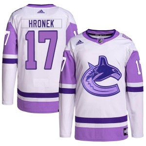 Vancouver Canucks Filip Hronek Official White/Purple Adidas Authentic Youth Hockey Fights Cancer Primegreen NHL Hockey Jersey