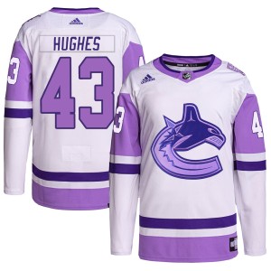 Vancouver Canucks Quinn Hughes Official White/Purple Adidas Authentic Youth Hockey Fights Cancer Primegreen NHL Hockey Jersey