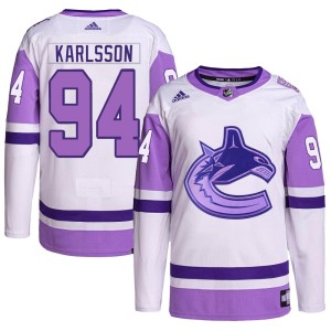 Vancouver Canucks Linus Karlsson Official White/Purple Adidas Authentic Youth Hockey Fights Cancer Primegreen NHL Hockey Jersey