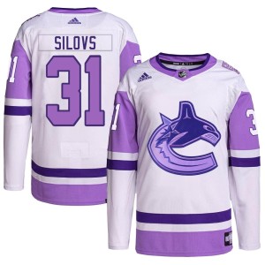 Vancouver Canucks Arturs Silovs Official White/Purple Adidas Authentic Youth Hockey Fights Cancer Primegreen NHL Hockey Jersey