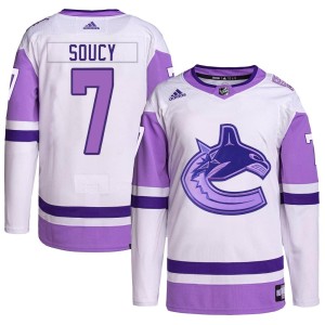 Vancouver Canucks Carson Soucy Official White/Purple Adidas Authentic Youth Hockey Fights Cancer Primegreen NHL Hockey Jersey