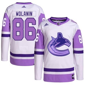 Vancouver Canucks Christian Wolanin Official White/Purple Adidas Authentic Youth Hockey Fights Cancer Primegreen NHL Hockey Jersey