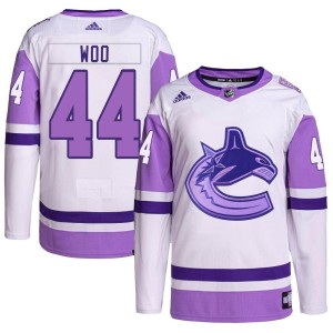 Vancouver Canucks Jett Woo Official White/Purple Adidas Authentic Youth Hockey Fights Cancer Primegreen NHL Hockey Jersey