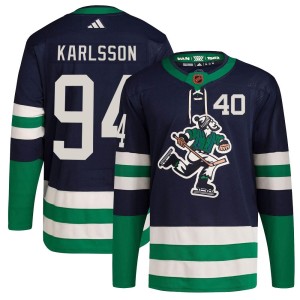 Vancouver Canucks Linus Karlsson Official Navy Adidas Authentic Youth Reverse Retro 2.0 NHL Hockey Jersey