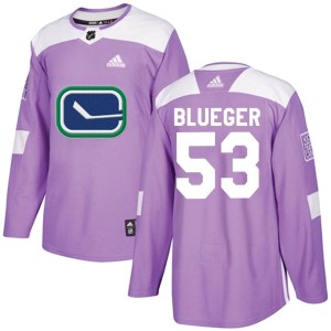 Vancouver Canucks Teddy Blueger Official Blue Adidas Authentic Youth Purple Fights Cancer Practice NHL Hockey Jersey