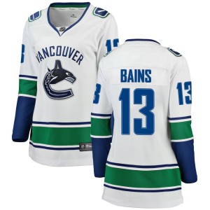 Vancouver Canucks Arshdeep Bains Official White Fanatics Branded Breakaway Women's Away NHL Hockey Jersey