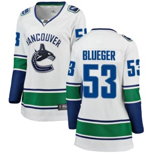 Vancouver Canucks Teddy Blueger Official Blue Fanatics Branded Breakaway Women's White Away NHL Hockey Jersey