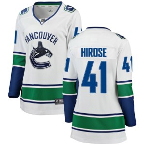 Vancouver Canucks Akito Hirose Official White Fanatics Branded Breakaway Women's Away NHL Hockey Jersey