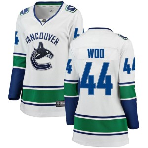 Vancouver Canucks Jett Woo Official White Fanatics Branded Breakaway Women's Away NHL Hockey Jersey