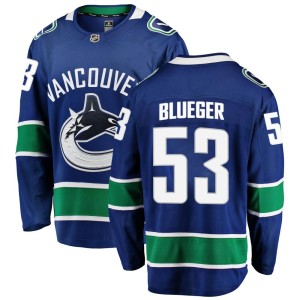 Vancouver Canucks Teddy Blueger Official Blue Fanatics Branded Breakaway Adult Home NHL Hockey Jersey